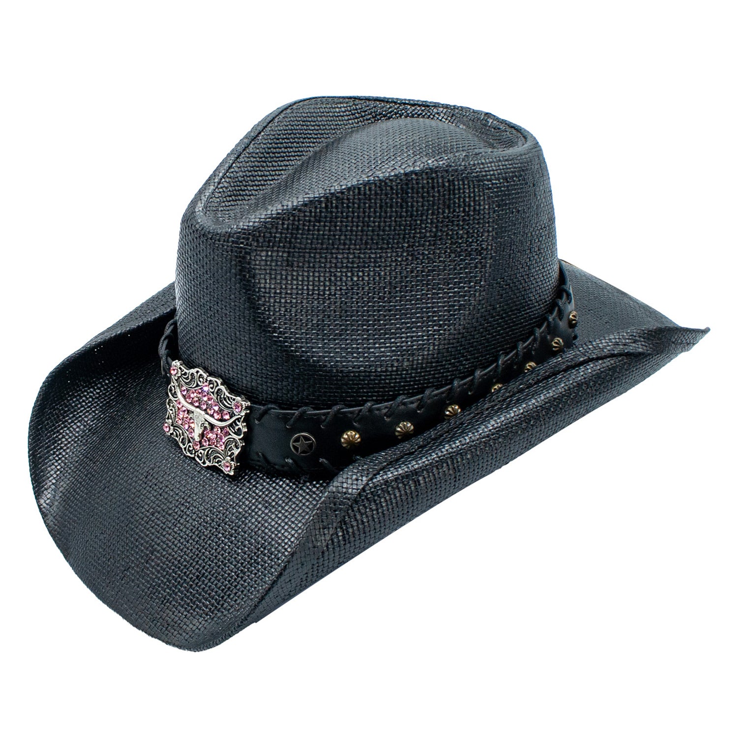 Mely Straw Pink Rhinestone Longhorn Drifter Cowboy Hat Doba Default